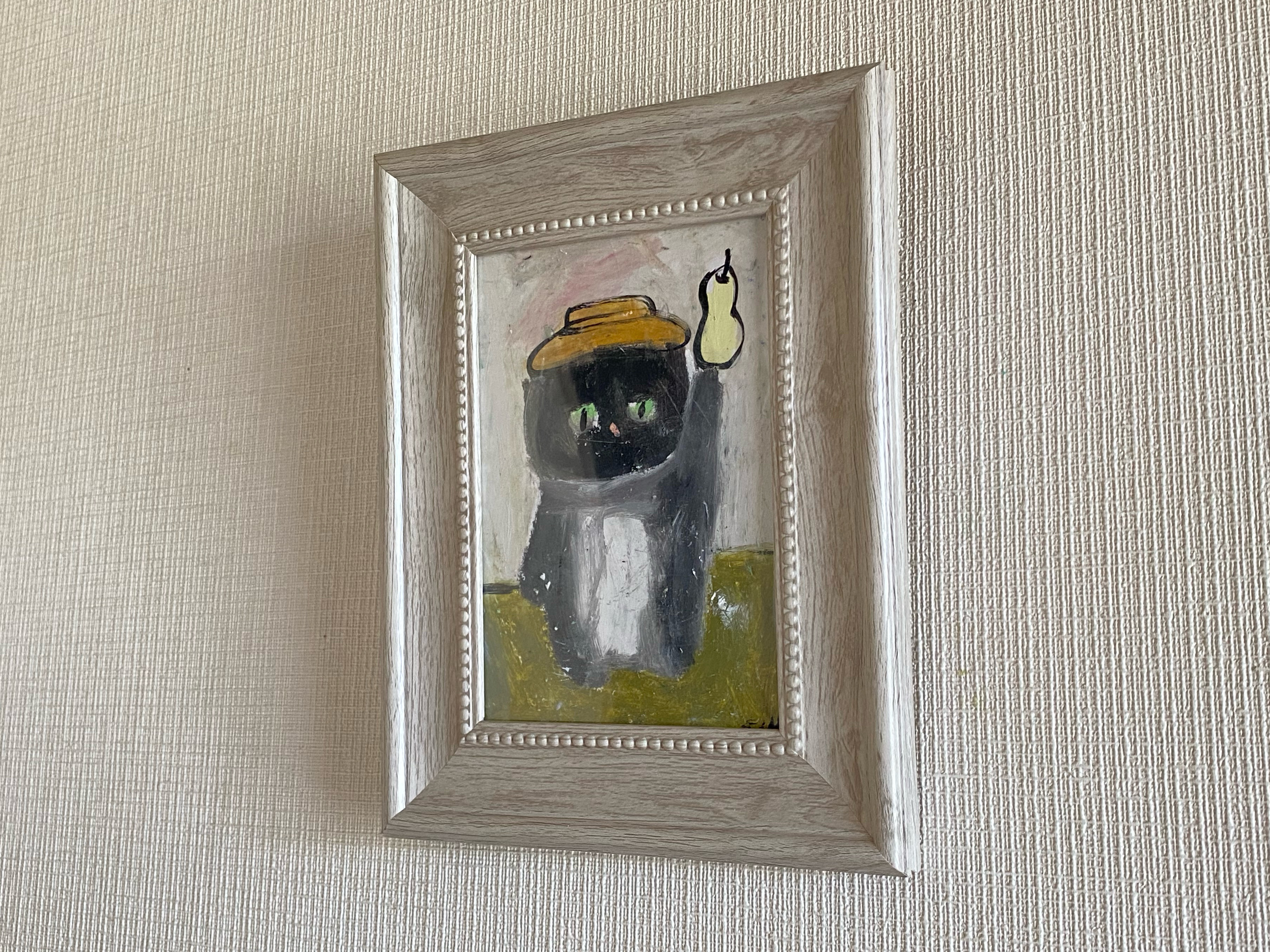 絵画。原画【麦わら帽子をかぶった黒猫が梨を摘んだ】