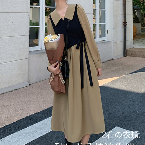 レトロ長袖フェイク2枚セットベストワンピース女春秋2024新型
