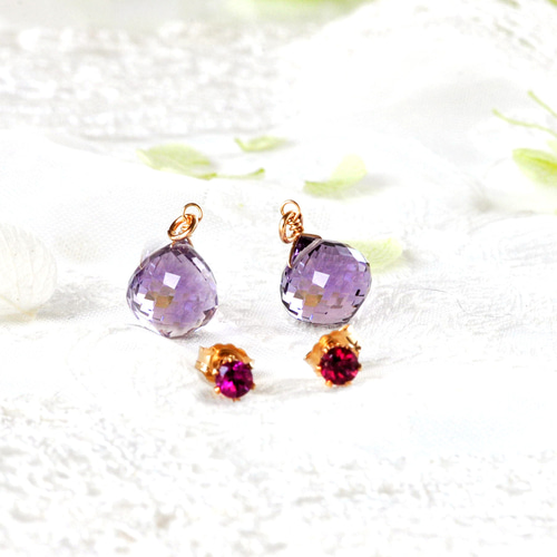 14kgf ガーネット ピンクアメジスト パール ルビー ピアス イヤリング