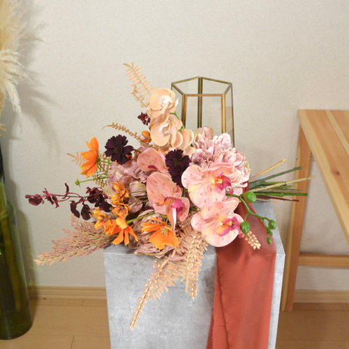 【美品】くすみオレンジ　ウェディングブーケ くすみピンク オレンジ ブーケ 秋婚 ウェディング 前撮り スワッグ
