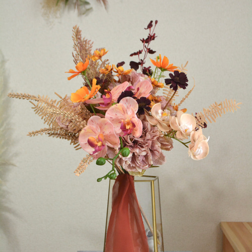 くすみピンク オレンジ ブーケ 秋婚 ウェディング 前撮り スワッグ