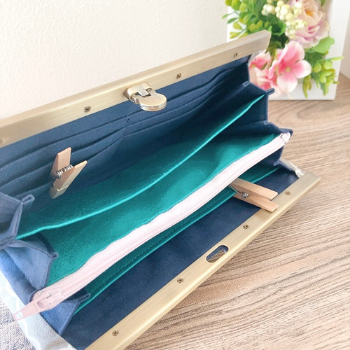 がま口長財布 グレー花柄 ハンドメイド がま口 文鎮 口金 財布