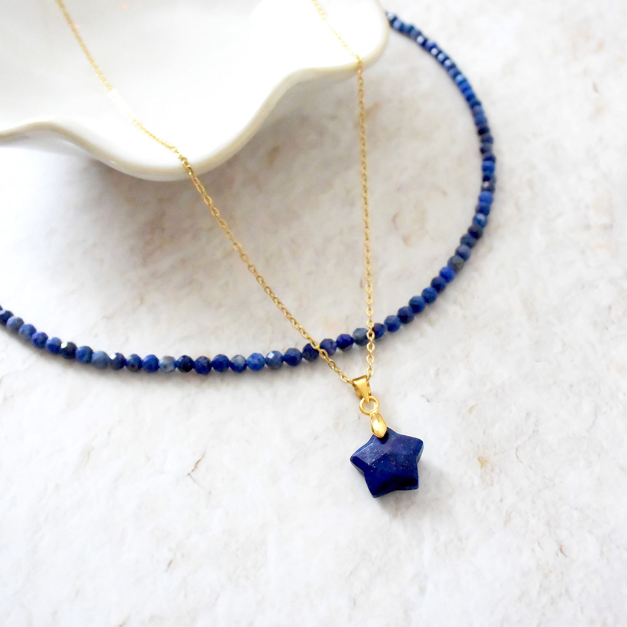 【スターターセット】ラピスラズリ 星チャームとビーズのネックレス2点セット　ステンレスチェーン　ゴールド