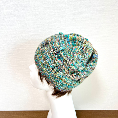 受注生産＞段染めのふんわりニット帽 グリーンミックス 透かし編みと