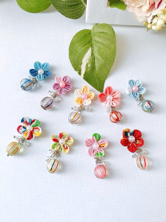 てまり飴×つまみお花ピアス 9種 ピアス イヤリング つまみ細工 手毬 飴