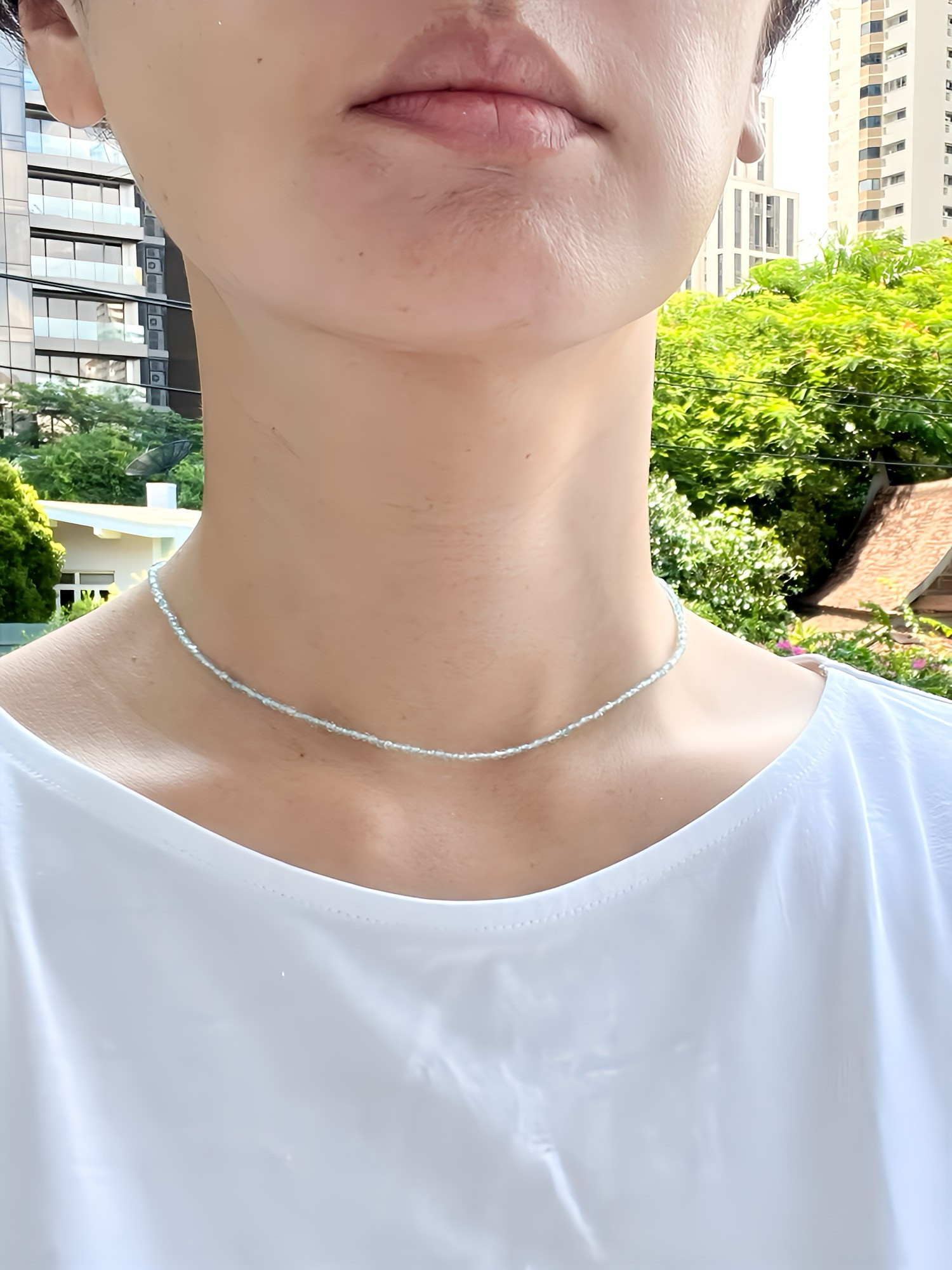 アクアマリン チョーカー 2mm小粒石 華奢で短めネックレス サージカルステンレス(316L)金属アレルギー対応