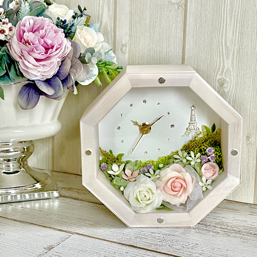 八角フラワー時計＊エッフェル塔 アンティークホワイト 花時計