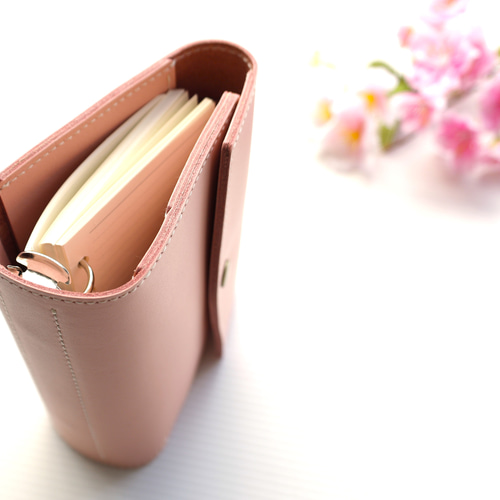 ✻ ミニ6 ✻ 牛革 フラップ式 ミニ6穴システム手帳 ✻ 桜ピンク