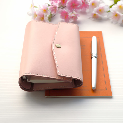 ✻ ミニ6 ✻ 牛革 フラップ式 ミニ6穴システム手帳 ✻ 桜ピンク
