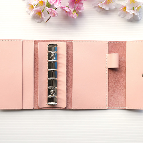 ✻ ミニ6 ✻ 牛革 フラップ式 ミニ6穴システム手帳 ✻ 桜ピンク