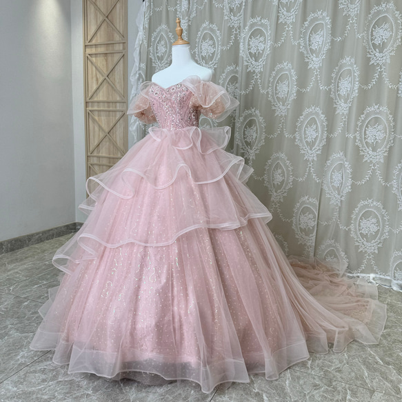 【大幅値下げ中】薄いピンク カラードレス　文化祭　卒業式 ペールちぇーりピンク プリンセスライン フレアースカート