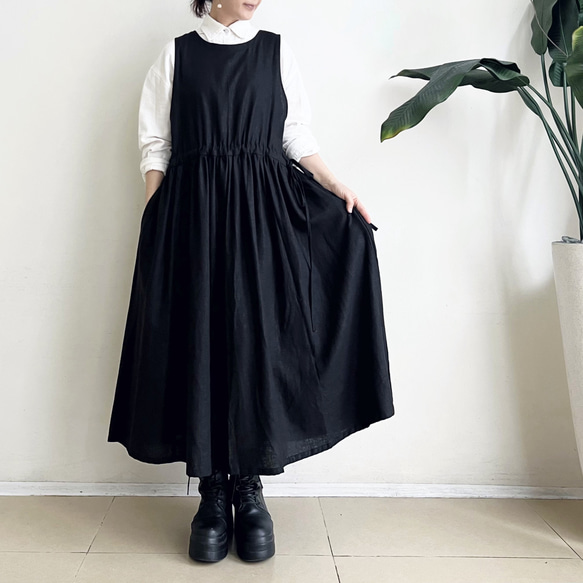 サイドリボンのジャンパースカート * cotton linen Black * 　 3枚目の画像