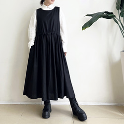 サイドリボンのジャンパースカート * cotton linen Black * 　 2枚目の画像