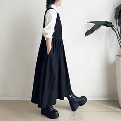サイドリボンのジャンパースカート * cotton linen Black * 　 4枚目の画像