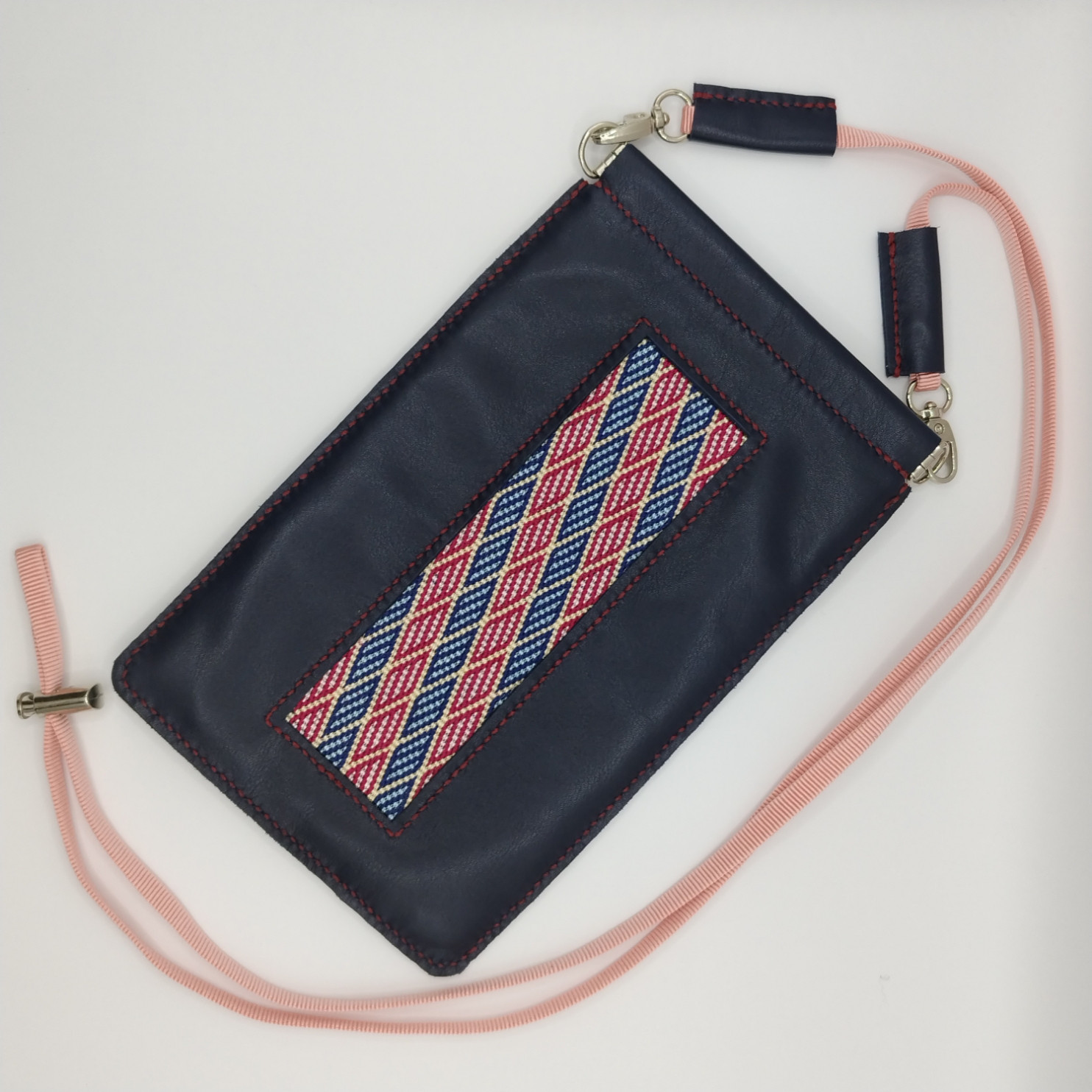 本革と絽刺しのバネ口スマホポシェット　紺色　網代文様