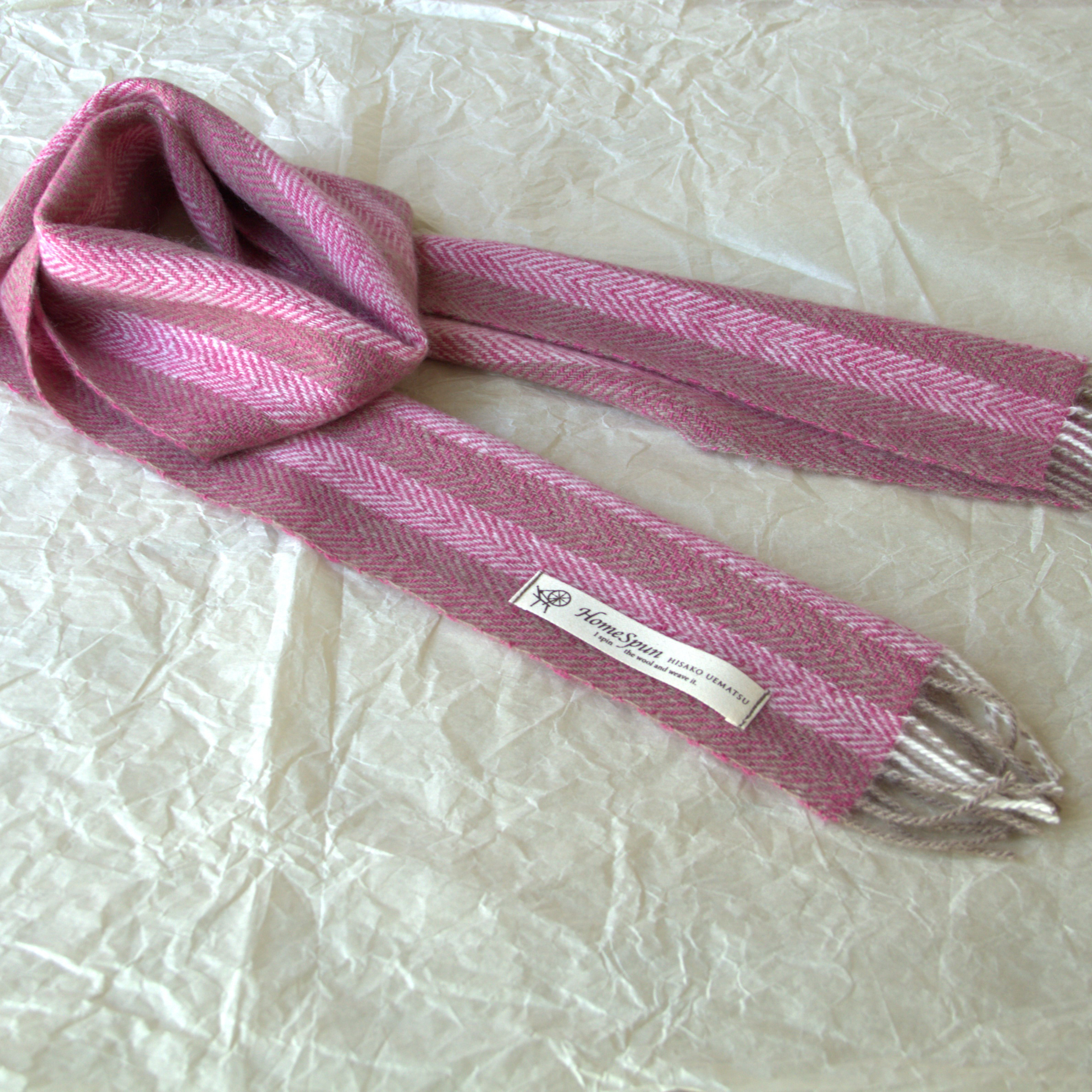 ホームスパン・カシミヤミニマフラー  ヘリンボーン・ピンク