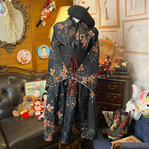 和洋折衷 着物 リメイク ワンピース ドレス 洗える 化繊 帯