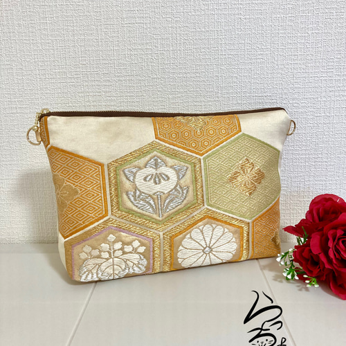 2024年のクリスマスの特別な衣装 kimono】帯リメイク 亀甲に桐菊橘 クラッチバッグ クラッチ クラッチバッグ