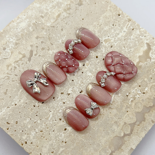 リボンマグネットジェルネイルチップ、キルティングネイル、普段使い