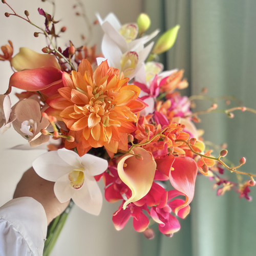 秋のオレンジブーケ アーティフィシャルフラワー シンピジューム