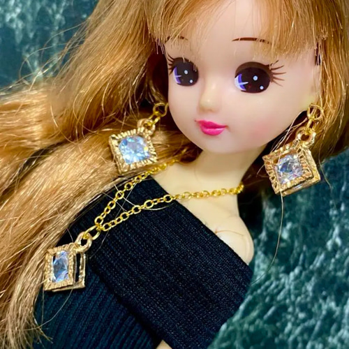 【確認用】N116 リカちゃん ネックレス ピアス ブルー ハート リカちゃんひし形型縁ピアス その他人形 kiki202402【土日雨天