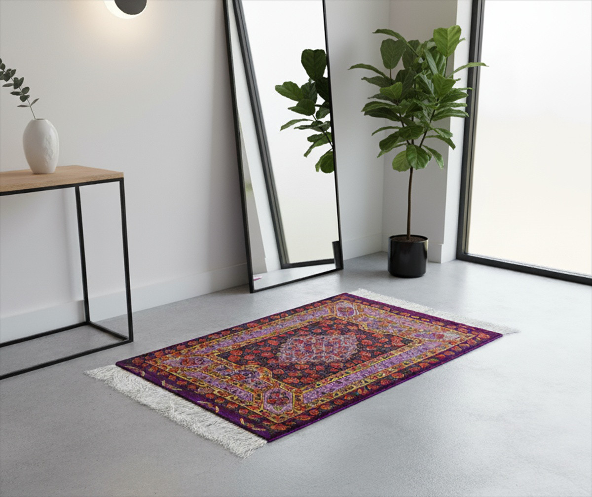 ペルシャ絨毯 クム シルク タバタバイ工房 玄関マット 薔薇(バラ) 花柄 87x60cm 紫 パープル