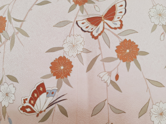 ワンタッチ着物　くらわん着物　正絹付け下げ訪問着リメイク　薄桃色枝垂れ桜梅蝶文様 また 身長 体重を備考欄にお書きください 幅出し 詰め等の寸法直しは致しておりません ご了承下さい