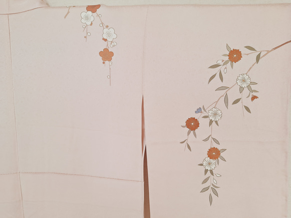 ワンタッチ着物　くらわん着物　正絹付け下げ訪問着リメイク　薄桃色枝垂れ桜梅蝶文様 また 身長 体重を備考欄にお書きください 幅出し 詰め等の寸法直しは致しておりません ご了承下さい