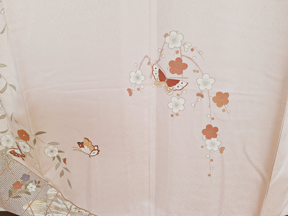 ワンタッチ着物　くらわん着物　正絹付け下げ訪問着リメイク　薄桃色枝垂れ桜梅蝶文様 また 身長 体重を備考欄にお書きください 幅出し 詰め等の寸法直しは致しておりません ご了承下さい