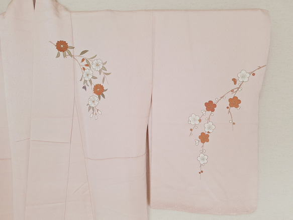 ワンタッチ着物　くらわん着物　正絹付け下げ訪問着リメイク　薄桃色枝垂れ桜梅蝶文様 また 身長 体重を備考欄にお書きください 幅出し 詰め等の寸法直しは致しておりません ご了承下さい