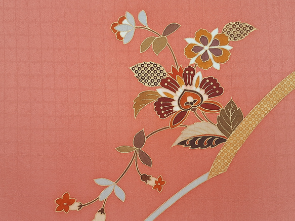 【トール】ワンタッチ着物　くらわん着物　正絹付け下げ訪問着リメイク　濃サーモンピンク花文様 また 身長 体重を備考欄にお書きください 幅出し 詰め等の寸法直しは致しておりません ご了承下さい