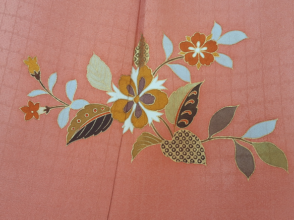 【トール】ワンタッチ着物　くらわん着物　正絹付け下げ訪問着リメイク　濃サーモンピンク花文様 また 身長 体重を備考欄にお書きください 幅出し 詰め等の寸法直しは致しておりません ご了承下さい