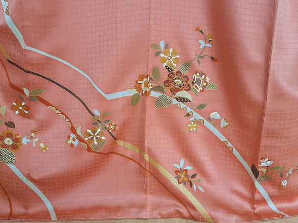 【トール】ワンタッチ着物　くらわん着物　正絹付け下げ訪問着リメイク　濃サーモンピンク花文様 また 身長 体重を備考欄にお書きください 幅出し 詰め等の寸法直しは致しておりません ご了承下さい