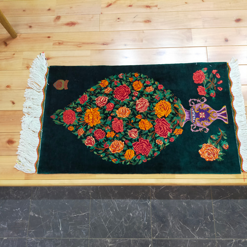 ペルシャ絨毯 クム シルク タバタバイ工房 玄関マット 73x45cm バラ 花