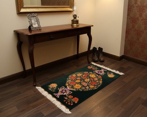 ペルシャ絨毯 クム シルク タバタバイ工房 玄関マット 73x45cm バラ 花