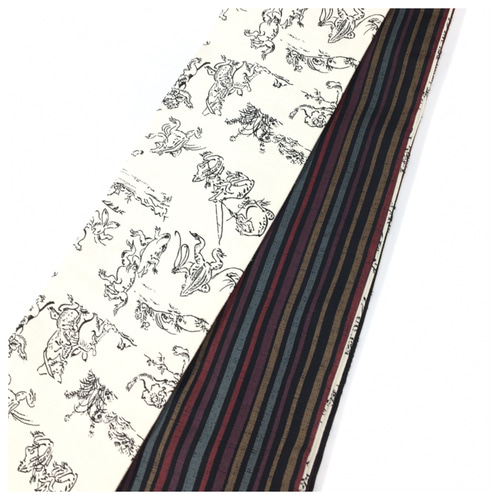 半幅帯 鳥獣戯画 両面違い 長尺396 巾15 綿100％ コットン 新品 和装