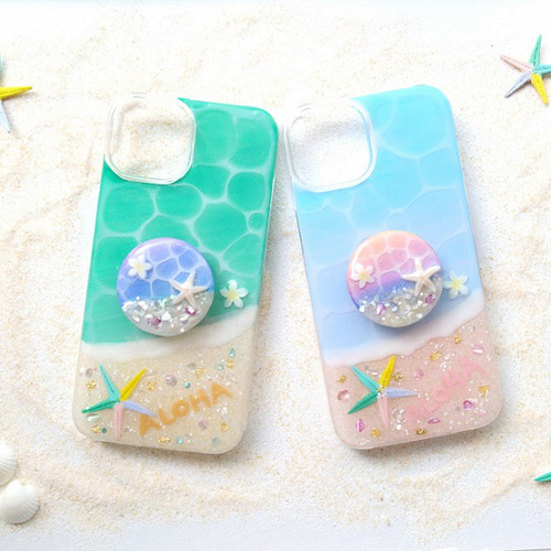 選べる海カラーと砂浜文字が可愛い♪iphoneケース /リング・グリップ