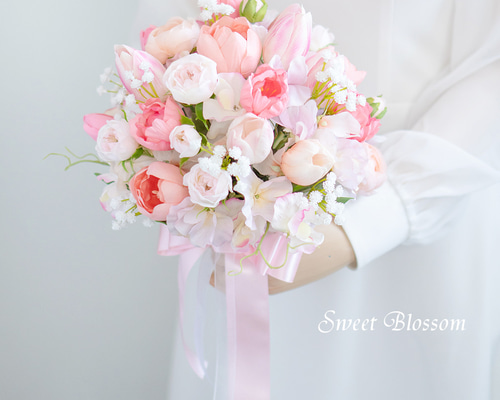 可愛いピンクチューリップ×スイートピークラッチブーケ☆ブートニア 029d3b88c4e399ecf4acb3e41bad0a