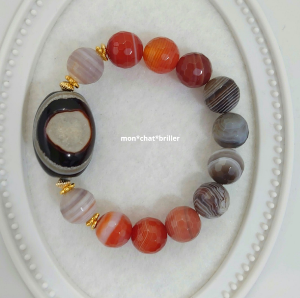 天眼天珠&ボツワナアゲート、神の目天然石デザインブレスレット　素敵な逸品