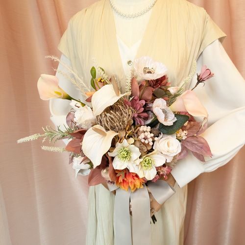 ブートニア付き2点セットブライダルブーケ ウェディングブーケ 和装用