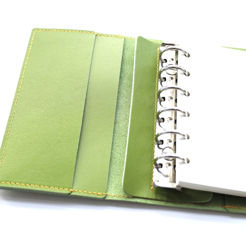 ✻ ミニ6 ✻ 牛革 フラップ式 ミニ6穴システム手帳 ✻ 抹茶きみどり