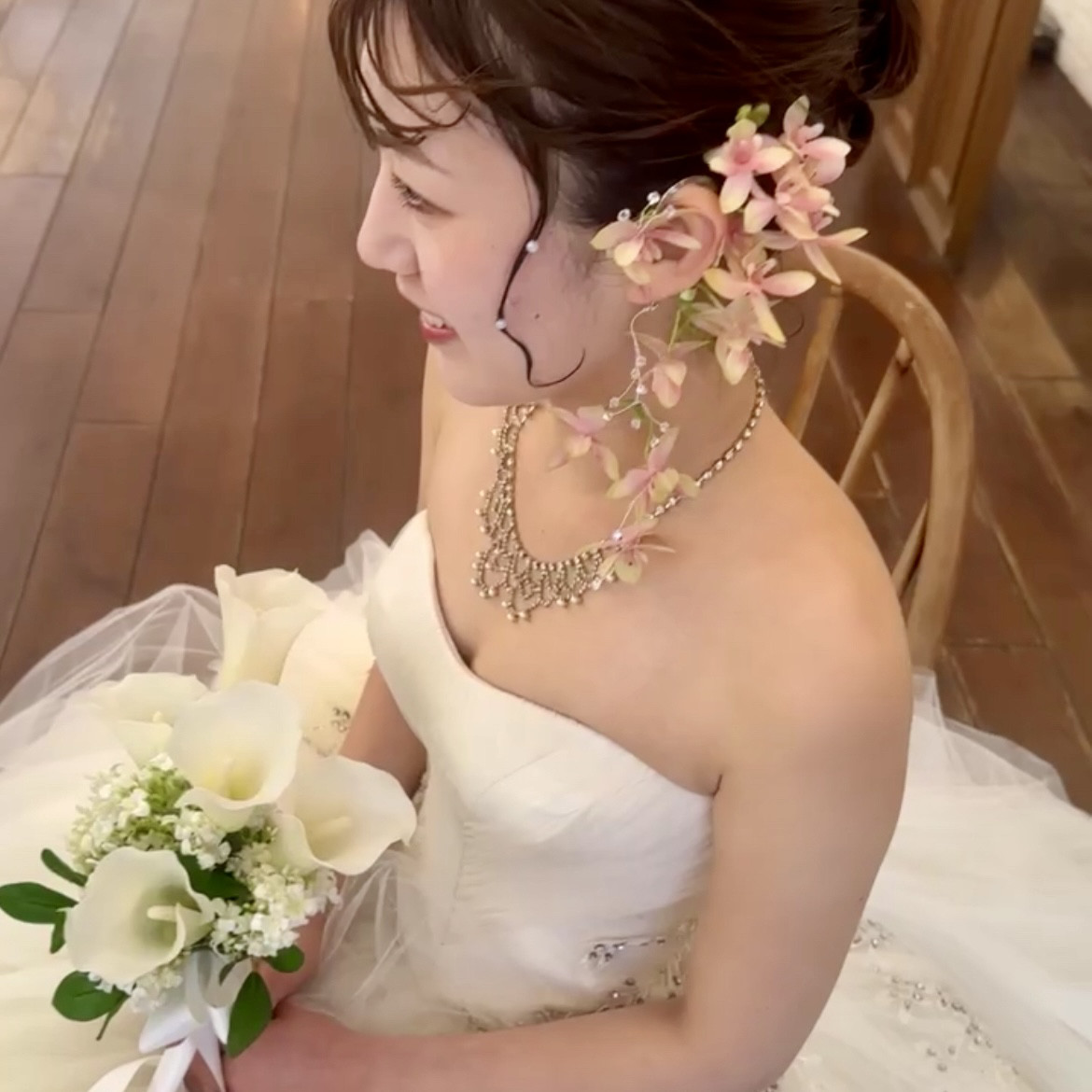 フラワーイヤーフック　ルシアファレノ　ピンク系　ウエディング　パーティー　前撮　謝恩会　結婚式　ドレス　発表会　成人式