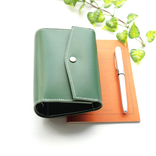 ✻ ミニ6 ✻ 牛革 フラップ式 ミニ6穴システム手帳 ✻ 森林グリーン