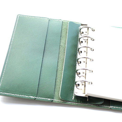 ✻ ミニ6 ✻ 牛革 フラップ式 ミニ6穴システム手帳 ✻ 森林グリーン