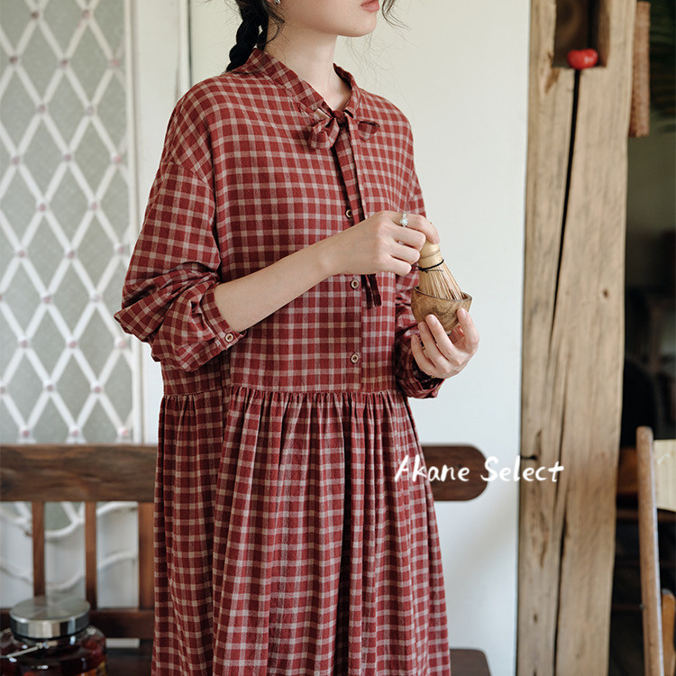 極美品 群言堂 登美 バンドカラー コットンウール ワンピース チェック柄 大きいサイズ レディース エスニック柄コットンワンピース goldy