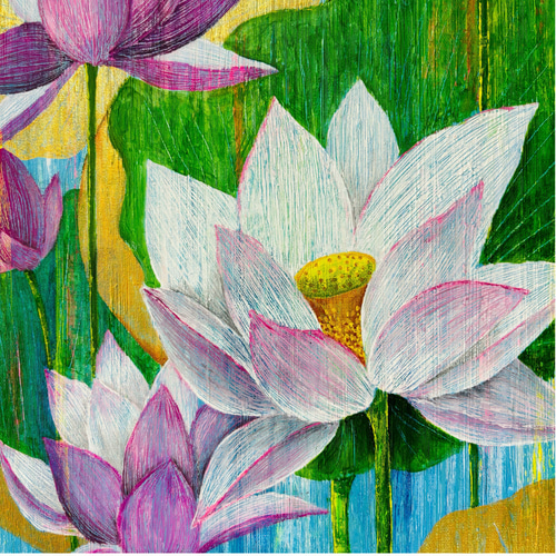 売却済）水彩画絵画原画『抽象花虹色の花』