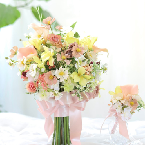 フェミニン コスモスブーケ ウェディングブーケ ブートニアセット