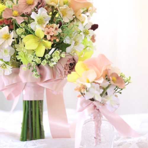 フェミニン コスモスブーケ ウェディングブーケ ブートニアセット