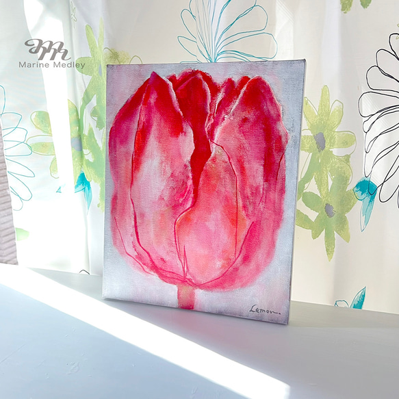 油絵 赤いチューリップ ☆原画アート☆ 赤いチューリップ【 花言葉：家族への感謝 】F3