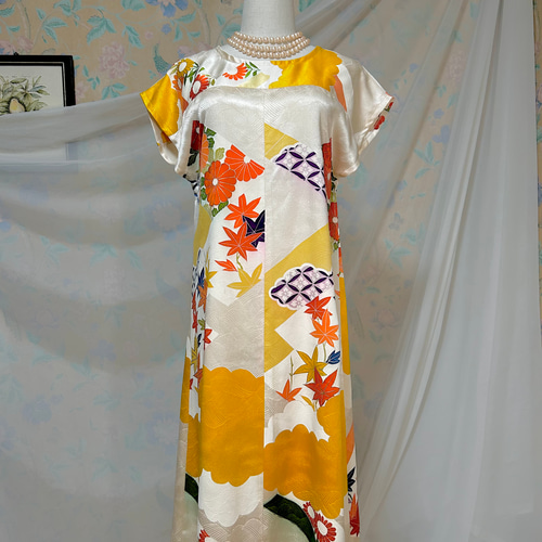 振袖 サテン 友禅染 フレンチスリーブワンピース&リボンベルト 着物  